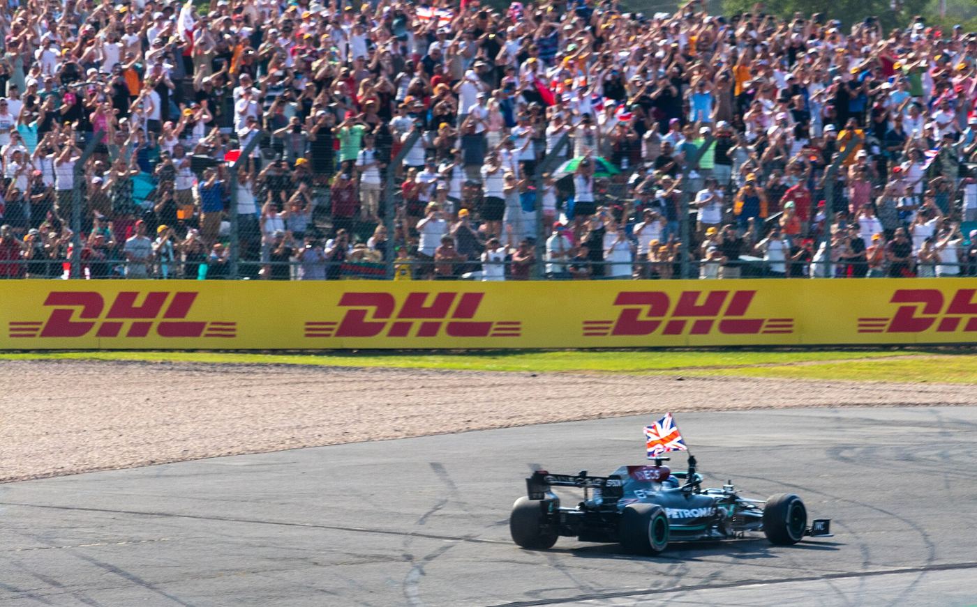 Lewis Hamilton celebrating after winning the 2021 British Grand Prix