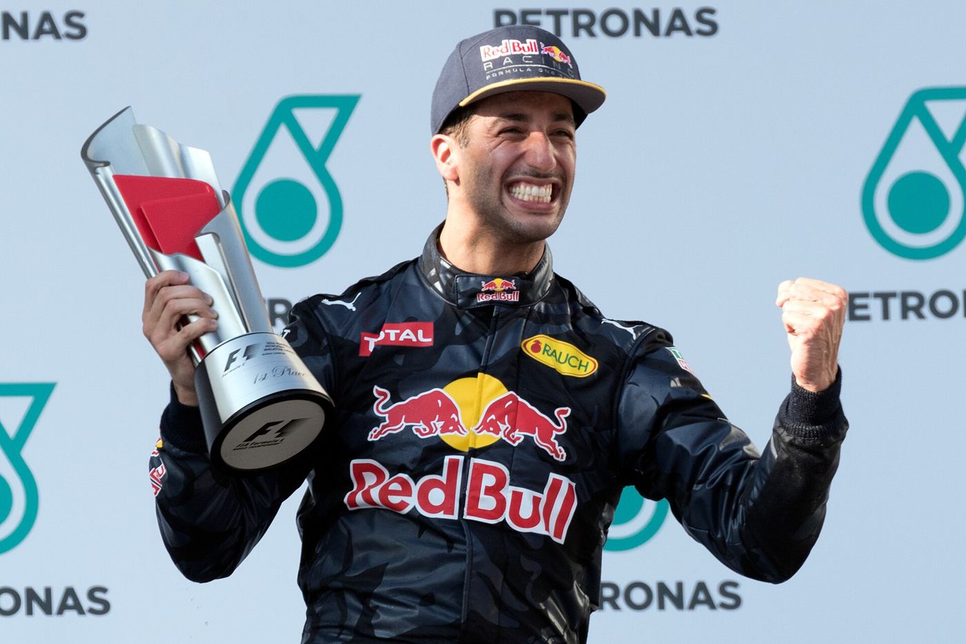 Daniel Ricciardo on the podium at the 2016 Malaysian Grand Prix