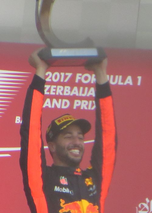 Daniel Ricciardo celebrating first place at the 2017 Azerbaijan Grand Prix